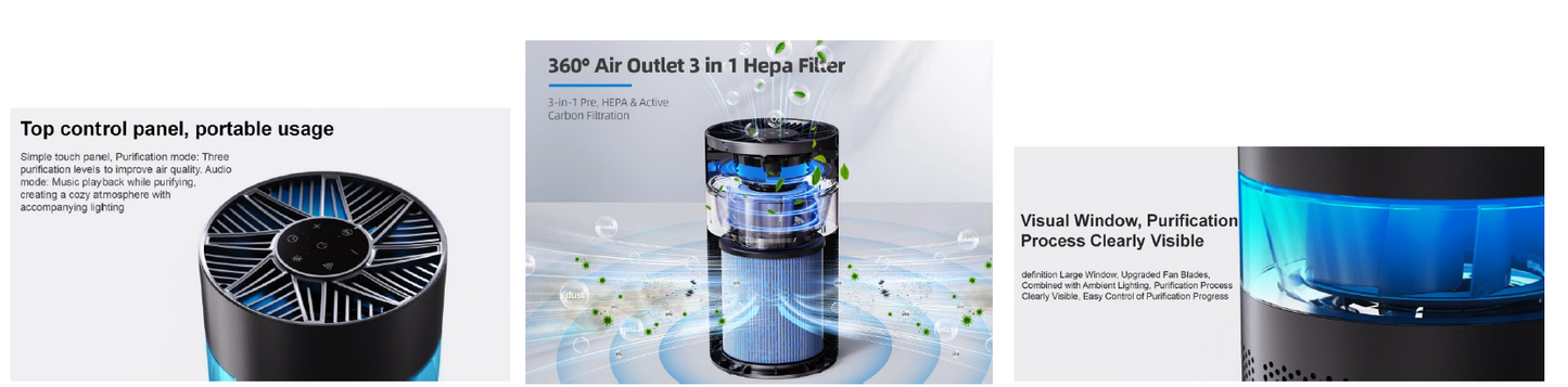 HEPA Air Purifier, Essential Oil Diffuser, Bluetooth Speaker & Ambient Light